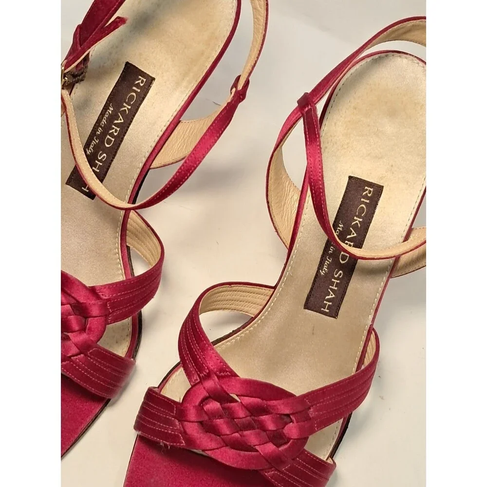 Rickard Shah Size 40 EU/9 US Open-Toe Satin Heels Sandals Red 4